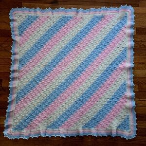 Baby Receiving Blanket Hand Knit Crochet Throw Blue Pink White 40" x 40" EUC
